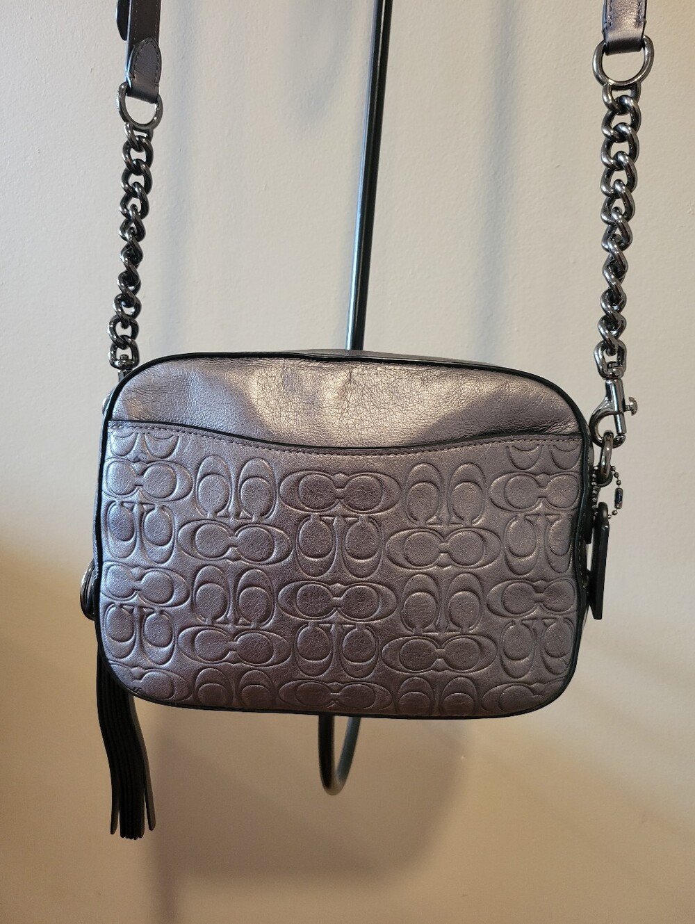 Coach Metallic Gray Embossed Signature Leather Crossbody Bag - Picture 3 of 10